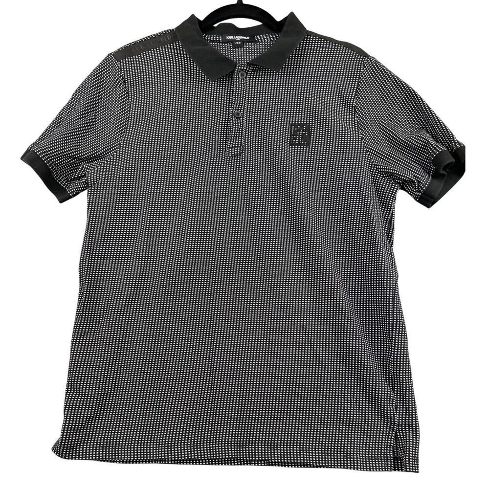 Karl Lagerfeld Polo Shirt Mens Large Black White Textured Knit Logo Excellent
